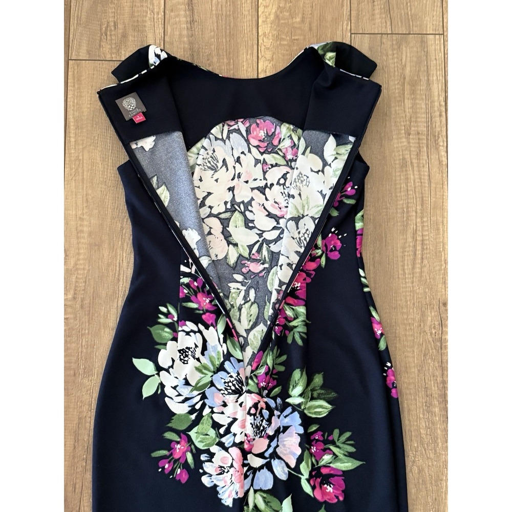Vince Camuto Navy Blue Floral Sheath Dress Cap Sleeve Size 8 Stretch Tropical - Picture 8 of 14